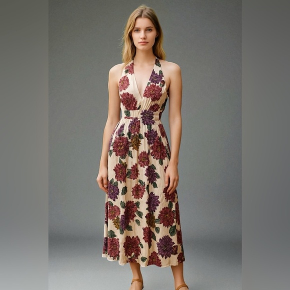Halter Floral Dress in Cream and Purple